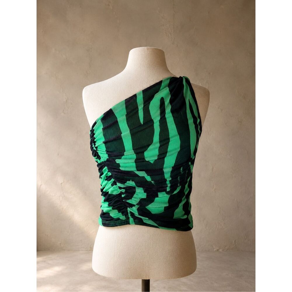 Free People Sz M AFRM Zakia Crop Top One Shoulder Ruched Zebra Print Green Black